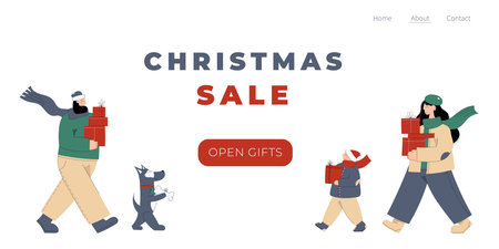 Design winter time landing page template. Merry Christmas and Happy New year website layout. Hand drawn people character of mom, dad, son and dog carrying gift boxes. Trendy vector illustrationのイラスト素材
