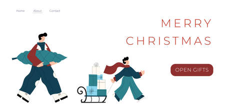 Merry Christmas and happy new year banner, flyer, landing page with characters carrying christmas tree and gift boxes on sleigh. Design winter holiday season landing page templateのイラスト素材