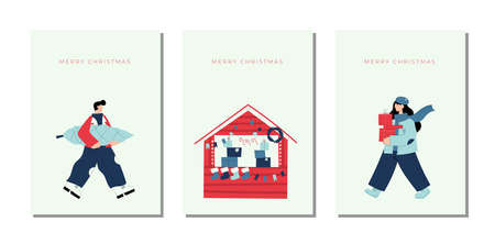 Hand drawn vector Merry Christmas and Happy New Year cards collection set with cute illustrations, family decorate tree, party, with gift boxes; vintage christmas tree branches, decorationのイラスト素材
