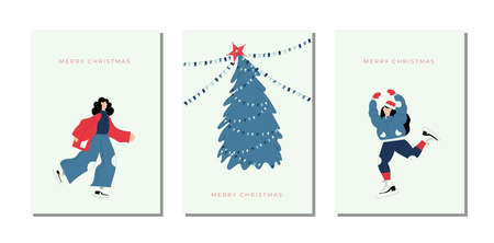 Merry Christmas and a Happy New year! Cute New Year and Christmas vector hand drawn Christmas cards with Christmas tree and women characters ice skatingのイラスト素材