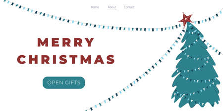 Merry Christmas and happy new year banner, flyer, landing page with decorated Christmas tree. Design winter holiday season landing page template. Trendy vector illustration for holiday offer banner.のイラスト素材