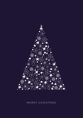 Cute Happy holidays vector hand drawn Happy New Year and Merry Christmas cards with Christmas tree from snowflakes and starsのイラスト素材