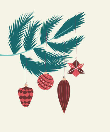 Design Merry Christmas banner template. Merry Christmas and Happy New year card  layout. Hand drawn vintage Christmas decorations, Christmas balls, Christmas tree. Trendy vector illustrationのイラスト素材