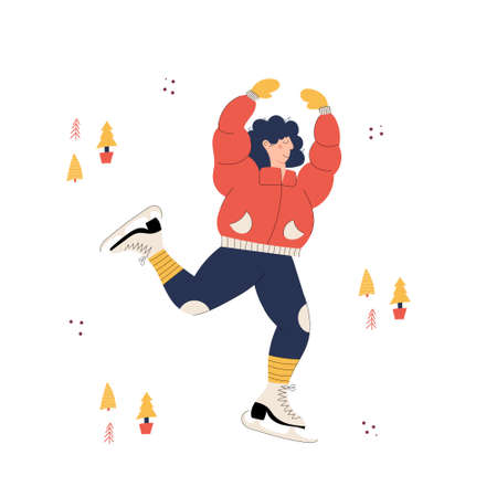 Merry Christmas and a Happy New year! Cute New Year and Christmas vector hand drawn Christmas card with young women character ice skatingのイラスト素材
