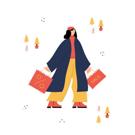 Merry Christmas and a Happy New year! Cute New Year and Christmas vector hand drawn Christmas card with young women character carrying Christmas sale bags with purchasesのイラスト素材
