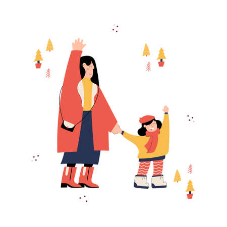 Merry Christmas and a Happy New year! Cute New Year and Christmas vector hand drawn Christmas card with young women and girl characters greeting someone they metのイラスト素材