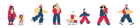 Set of People Characters with Holiday and Winter activity scenes. Man and Woman shopping, buying presents, drinking mulled wine, greeting each other, ice skating; carrying Christmas treeのイラスト素材