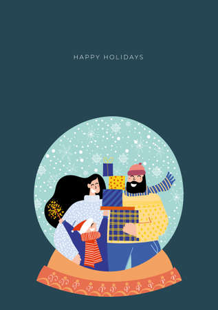 Hand drawn vector Merry Christmas and Happy New Year cards collection set with cute illustrations, family in snowball with Christmas gift boxes; vintage christmas snowballのイラスト素材