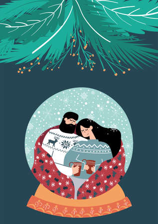 Hand drawn vector Merry Christmas and Happy New Year cards collection set with cute illustrations, family in snowball drinling mulled wine under blanket, vintage christmas tree branches, decorationのイラスト素材