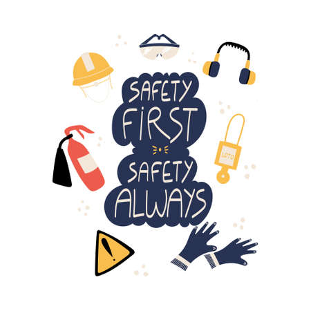 Safety first Safety always handwritten phrase with with PPE and safety tools poster and sticker design vector.のイラスト素材