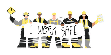 Road Construction or factory industrial workers wearing personal protective equipment with I work...