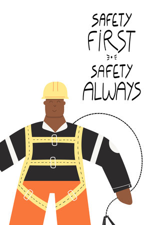 Safety first Safety always handwritten phrase poster and sticker design vector. Construction or factory worker wearing hard hat, safety harness, work clothing. Man ready to work at heightのイラスト素材