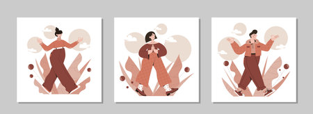 Set of people practicing mindful walking exercise in nature and leaves. Concept illustration for meditation, relax, recreation, healthy lifestyle. Flat trendy vector illustrationのイラスト素材