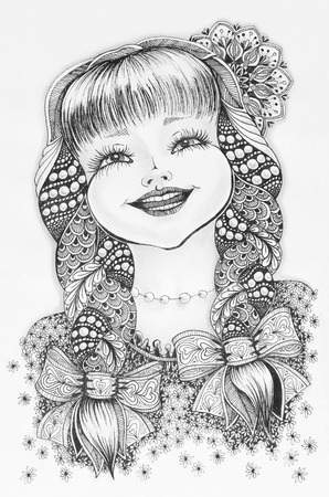 Zentangle illustration happy smiling girl with plaits in the floral dress. Doodle hand-drawing, patterns.の写真素材