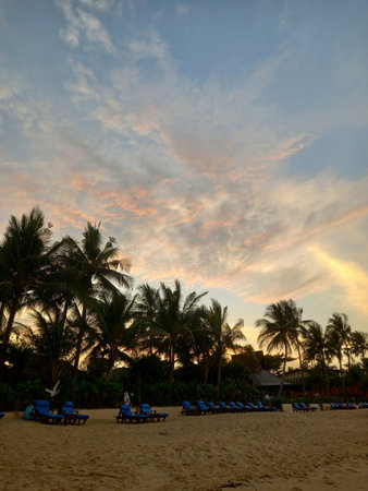 Sunset and silhouettes of coconut palm trees on Bophut beach on Koh Samui in Thailand.の写真素材
