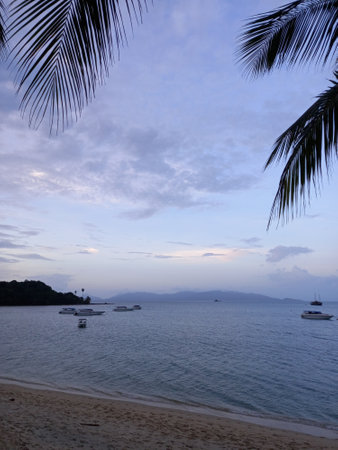 Tropical beach at sunset in beautiful pastel lavendel colors as background, Koh Samui, Thailand.の写真素材