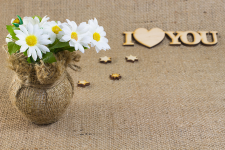 Chamomile flowers in a vase. Icons of the words "I love you"の写真素材