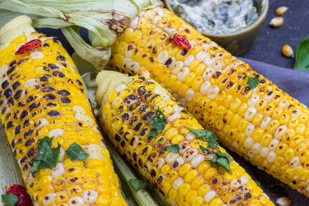 Three Grilled corn cob. Close up.の写真素材