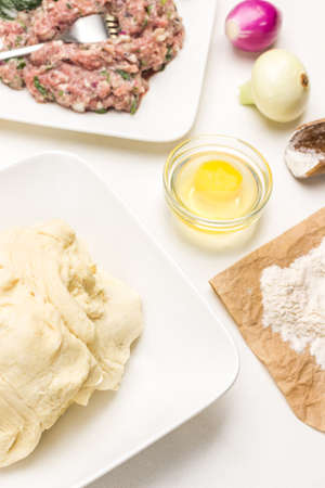 Raw dough on plate. Flour on paper. Head of onion and yolk in bowl. Ground meat and fork on bowl. White background. Top viewの写真素材