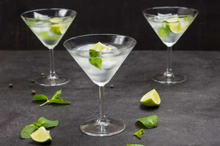 Three misted wine glasses filled with lime, mint and ice. Lime slices and mint leaves on the table. Black background. Top viewの写真素材