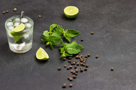 Glass of refreshing drink with lime, mint and ice. Lime slices and mint leaves on table. Copy space. Black background. Top viewの写真素材