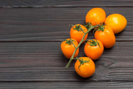 Yellow tomatoes on green branch. Copy space. Dark wood background. Top viewの写真素材