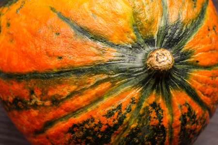 Orange pumpkin with green stripes with cut stem. Close up.の写真素材