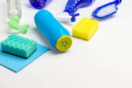 Household chemicals for cleaning the apartment. Copy space. White background. Top viewの写真素材