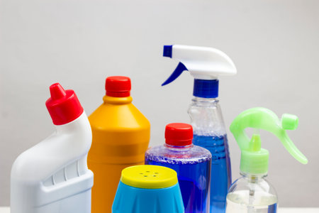 Set of household chemicals for cleaning the apartment. White background.の写真素材