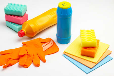 Set of multi-colored household chemicals for cleaning the apartment. White background.の写真素材