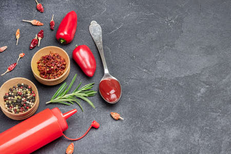 Dry spices: sweet peas, red pepper. Raw red peppers and rosemary sprigs. Tomato sauce in a spoon. Black background. Copy space. Top viewの写真素材