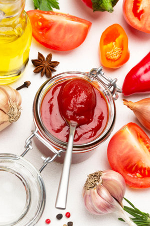 Spoon with tomato sauce on glass jar. Tomatoes, garlic and spices on table. White background. Flat layの写真素材