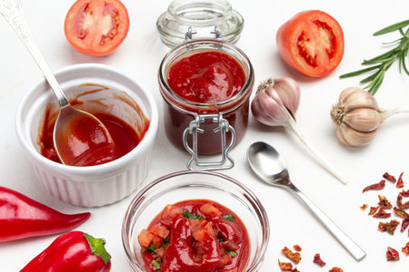 Tomato sauce in glass bowl. Pepper, tomatoes and garlic on table. White background. Top viewの写真素材