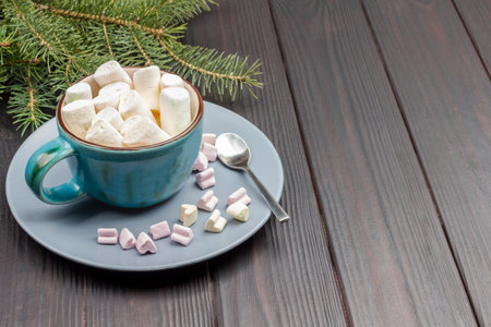 Dessert marshmallows in ceramic mug. Spoon on gray plate. Pine branches. Copy space. Dark wooden background.の写真素材