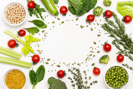 Pumpkin seeds and tomatoes, cabbage, celery stalks, cereals and green peas in bowls, sprigs of thyme and rosemary around edges of background. copyspace. flat lay. white backgroundの写真素材