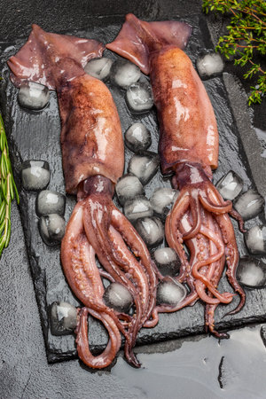 Squids and ice on stone board. top view. black background