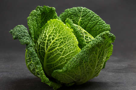 Green Savoy cabbage close up. top view. black backgroundの写真素材