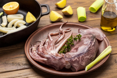 Fresh squid with tentacles on plate. Chopped squid rings and lemon in frying pan. top view. wooden backgroundの写真素材