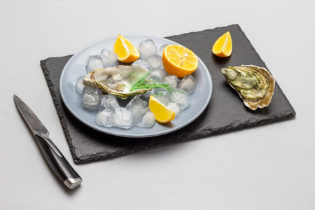 Oysters with lemon on ice on plate. Knife on table. top view. gray backgroundの写真素材