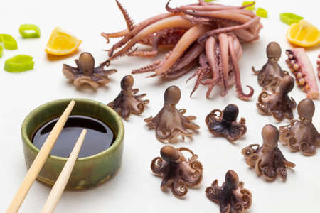 Soy sauce in bowl and bamboo sticks. Boiled octopus babies and squid with tentacles on table. top view. white backgroundの写真素材