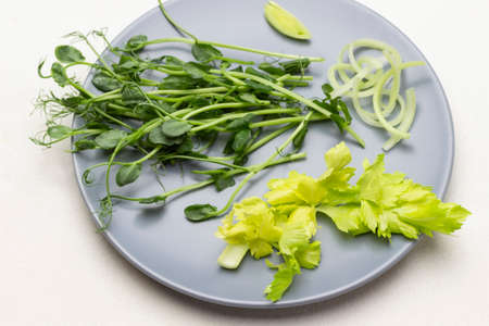 Pea sprouts and celery leaves on gray plate. flat lay. white backgroundの写真素材