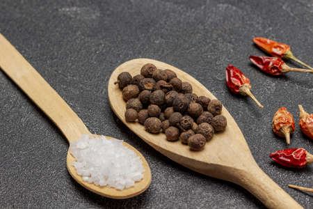 Salt and allspice in wooden spoons. Pods of red pepper on the table. close up. top view. black backgroundの写真素材
