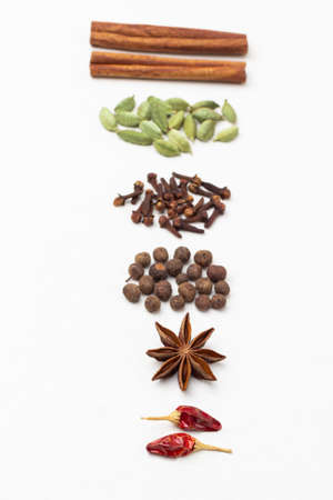 Set of dry spices are laid out in row on table. Red pepper pods, star anise, allspice, cloves, cardamom seeds and cinnamon sticks. flat lay. white backgroundの写真素材