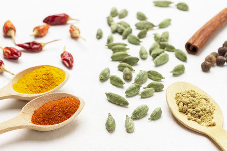 Ground paprika, turmeric and ginger spices in wooden spoons. Cardamom seeds, dry red pepper pods and...
