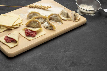 Minced meat on piece of dough and raw gyoza dumplings on board. Flour in sieve. copyspace. top view. black backgroundの写真素材