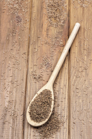 Fennel seeds in wooden spoon. copyspace. top view. wooden background