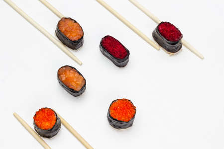 Traditional Japanese food. Sushi set on white background. flat layの写真素材