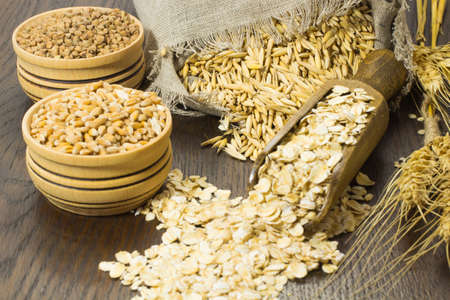 Grains of oats in the bag. Ground oats in a wooden spoon. Twig barley. Buckwheat and wheat in wooden boxesの写真素材