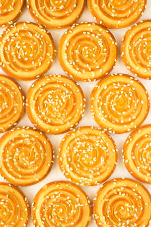 Round cookies with sesame seeds. top viewの写真素材