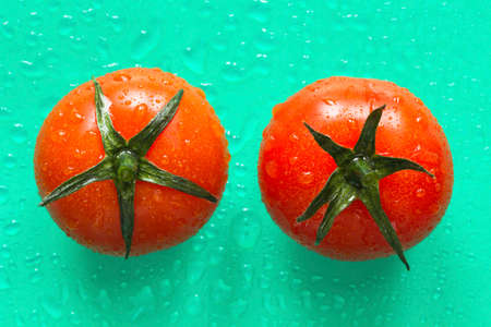 Two red tomatoes with green leaves. top view. green backgroundの写真素材